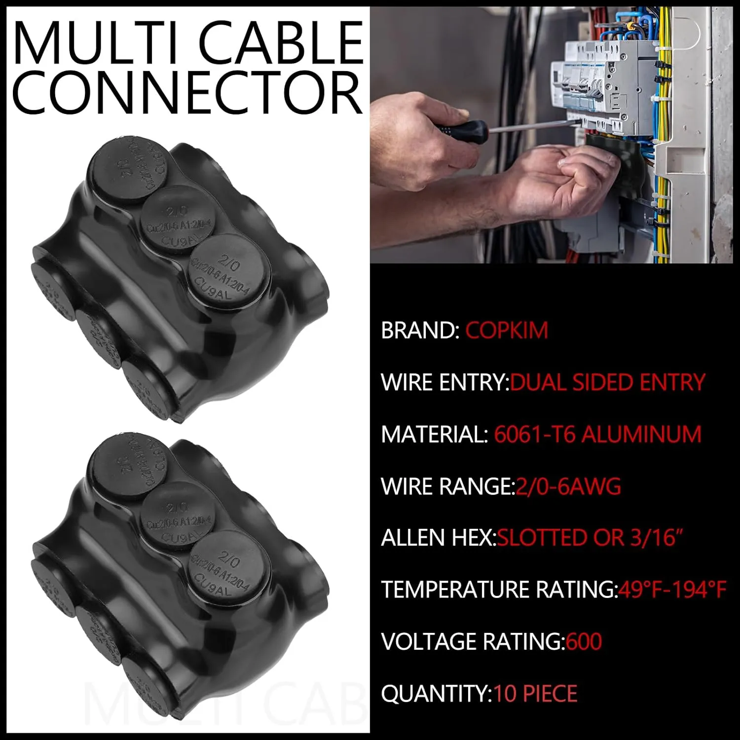 10 Pack Black Multi Cable Connector Insulated Multi Tap Connector 3 Wire Port Splice Dual Sided Entry Prefilled with Oxide Inhibitor (2/0-6awg)