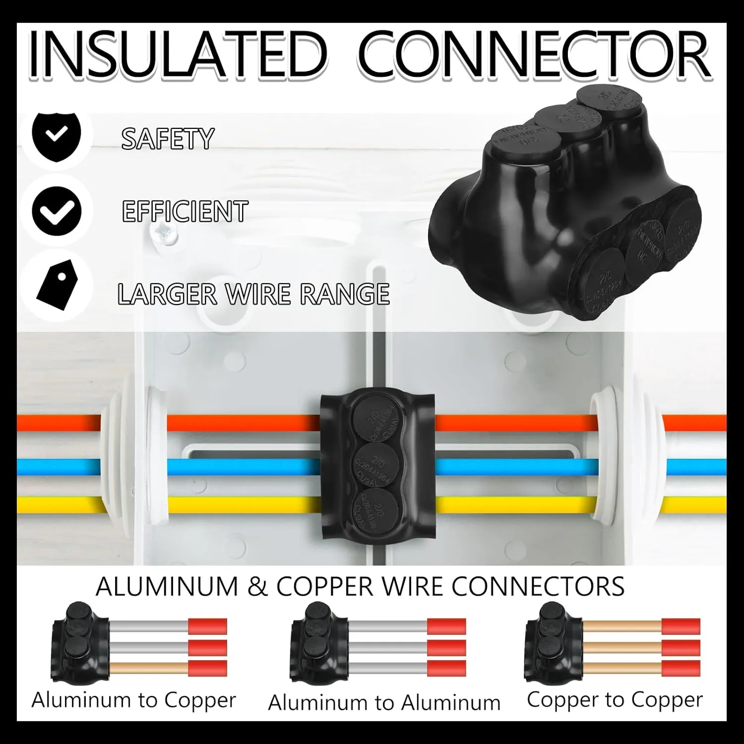10 Pack Black Multi Cable Connector Insulated Multi Tap Connector 3 Wire Port Splice Dual Sided Entry Prefilled with Oxide Inhibitor (2/0-6awg)