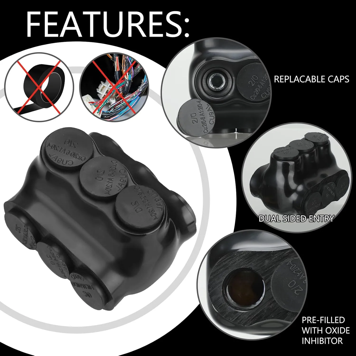 10 Pack Black Multi Cable Connector Insulated Multi Tap Connector 3 Wire Port Splice Dual Sided Entry Prefilled with Oxide Inhibitor (2/0-6awg)