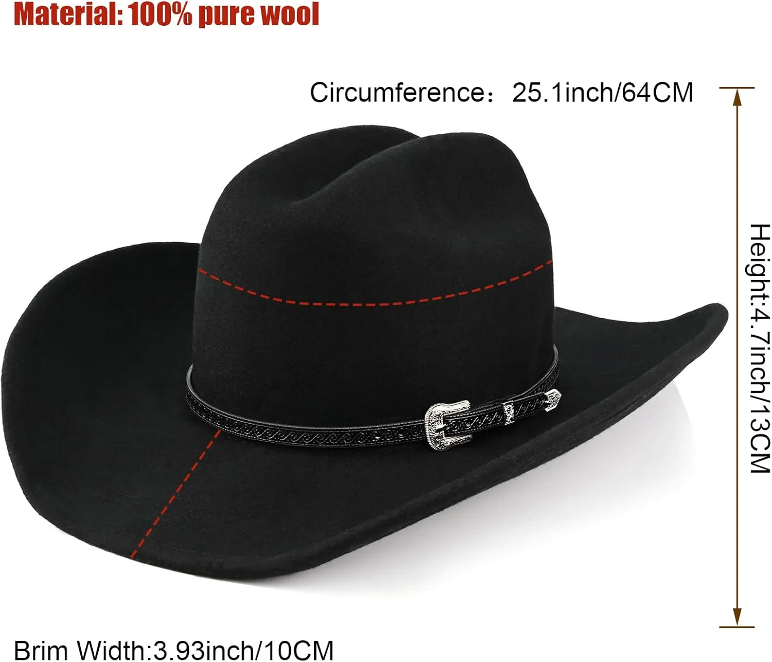 100% Wool Western Cowboy Hat for Men Women Classic Fedora Hat Felt Cowgirls Hats with Two Decorative Bands