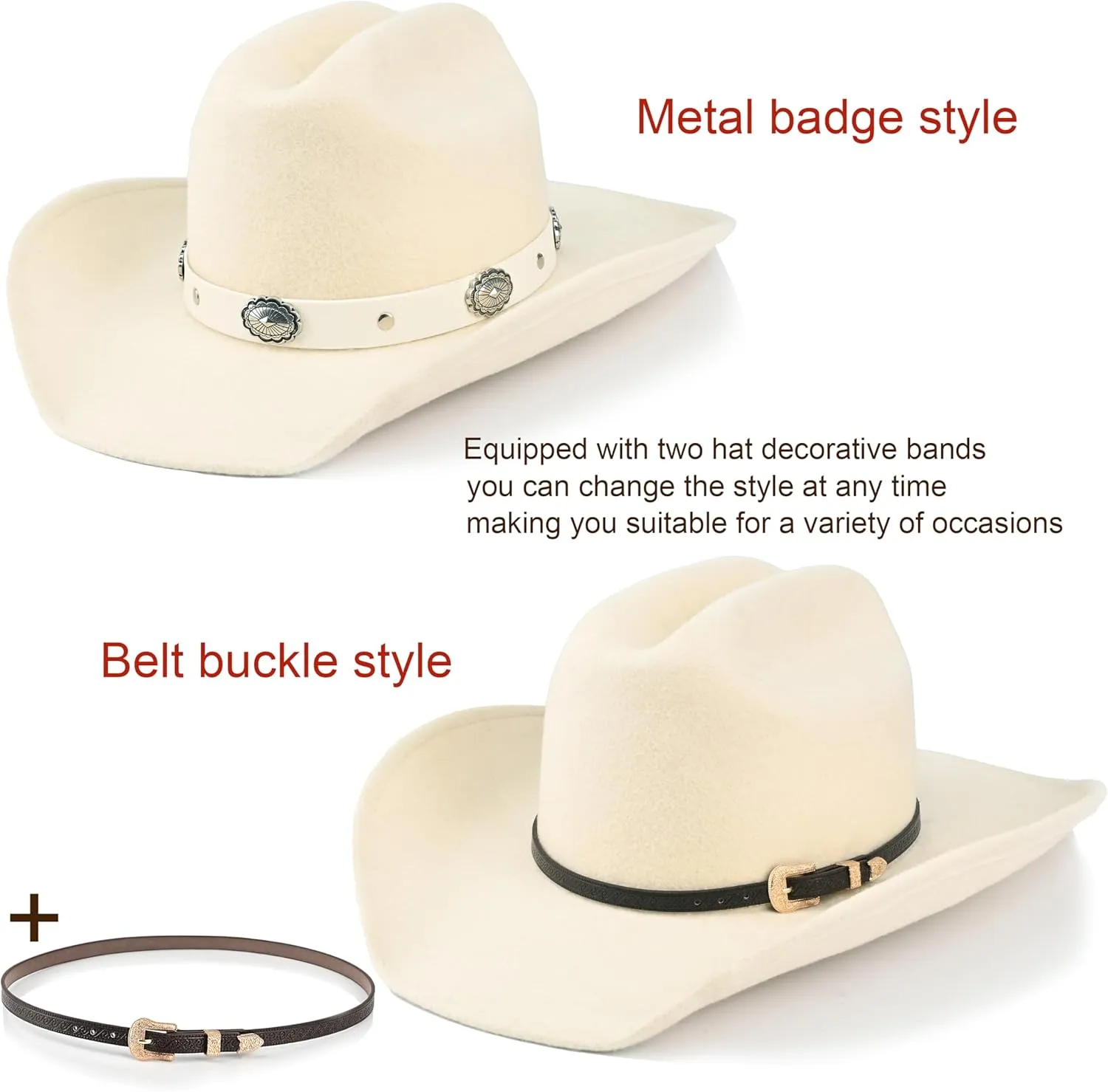 100% Wool Western Cowboy Hat for Men Women Classic Fedora Hat Felt Cowgirls Hats with Two Decorative Bands