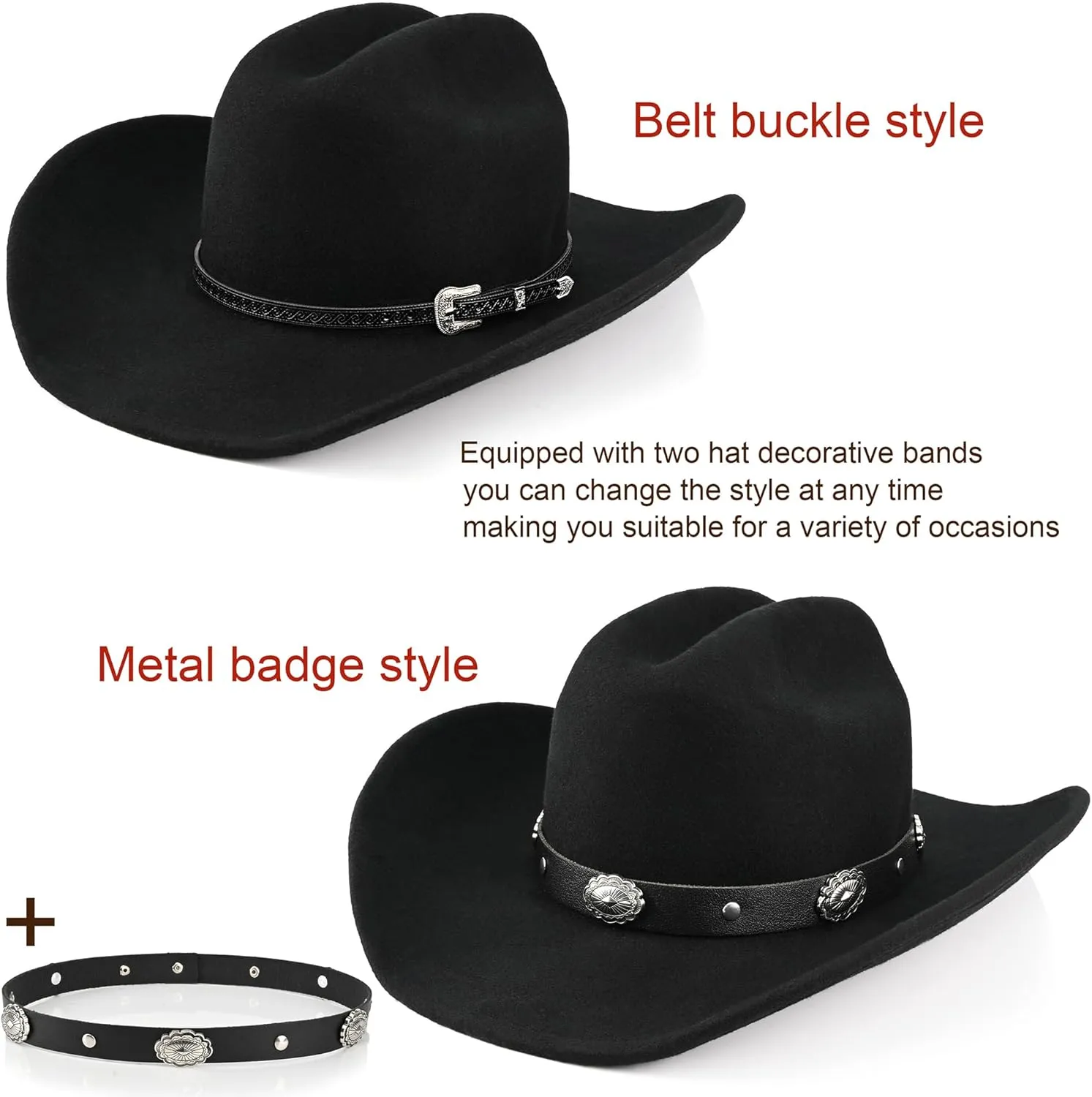 100% Wool Western Cowboy Hat for Men Women Classic Fedora Hat Felt Cowgirls Hats with Two Decorative Bands