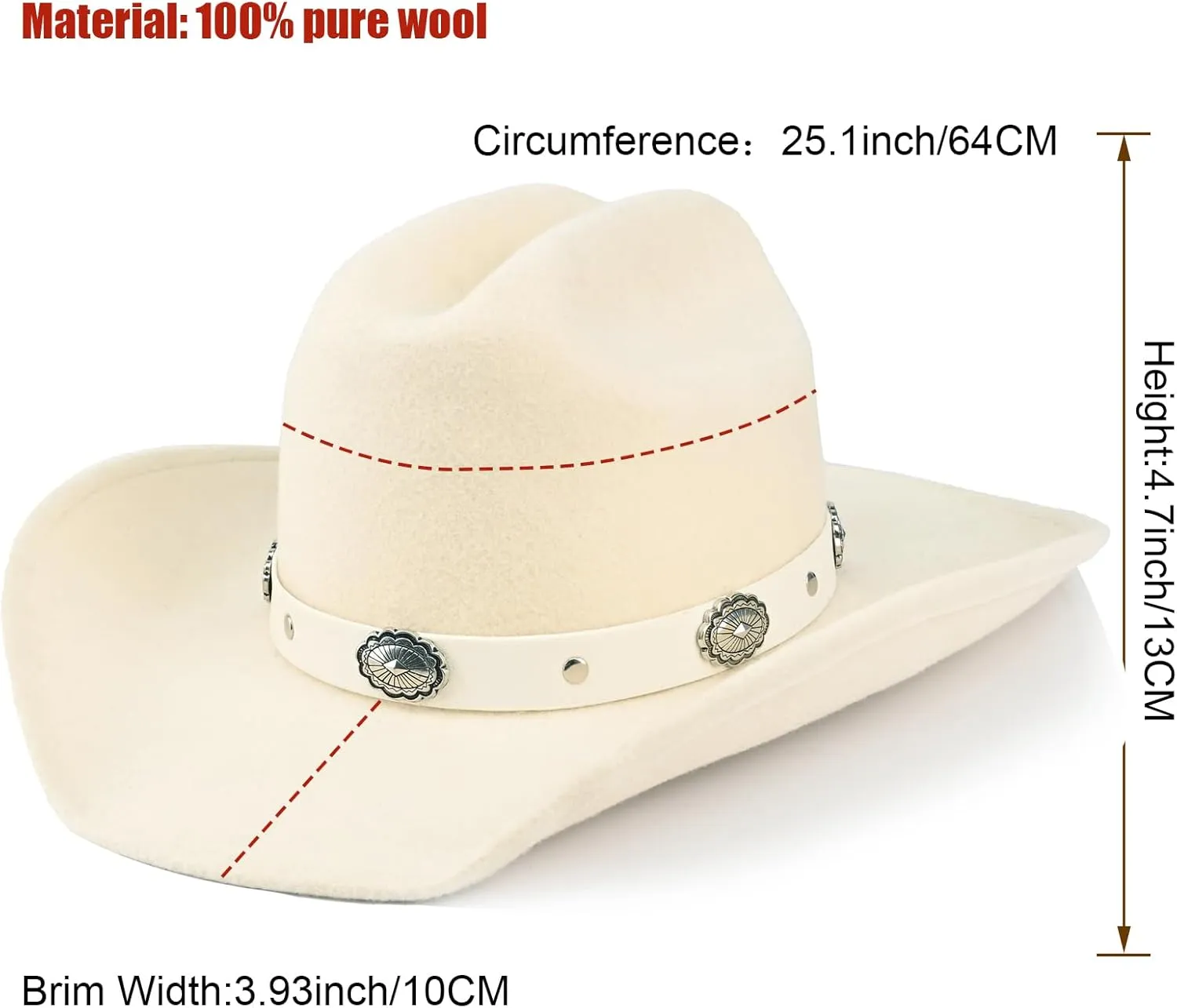 100% Wool Western Cowboy Hat for Men Women Classic Fedora Hat Felt Cowgirls Hats with Two Decorative Bands