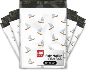10x13 (100) Sailboats Summer Nautical Designer Poly Mailers Waterproof Self Sealing Tear Resistant Polymailers Shipping Envelopes Premium Printed Bags For Small Businesses