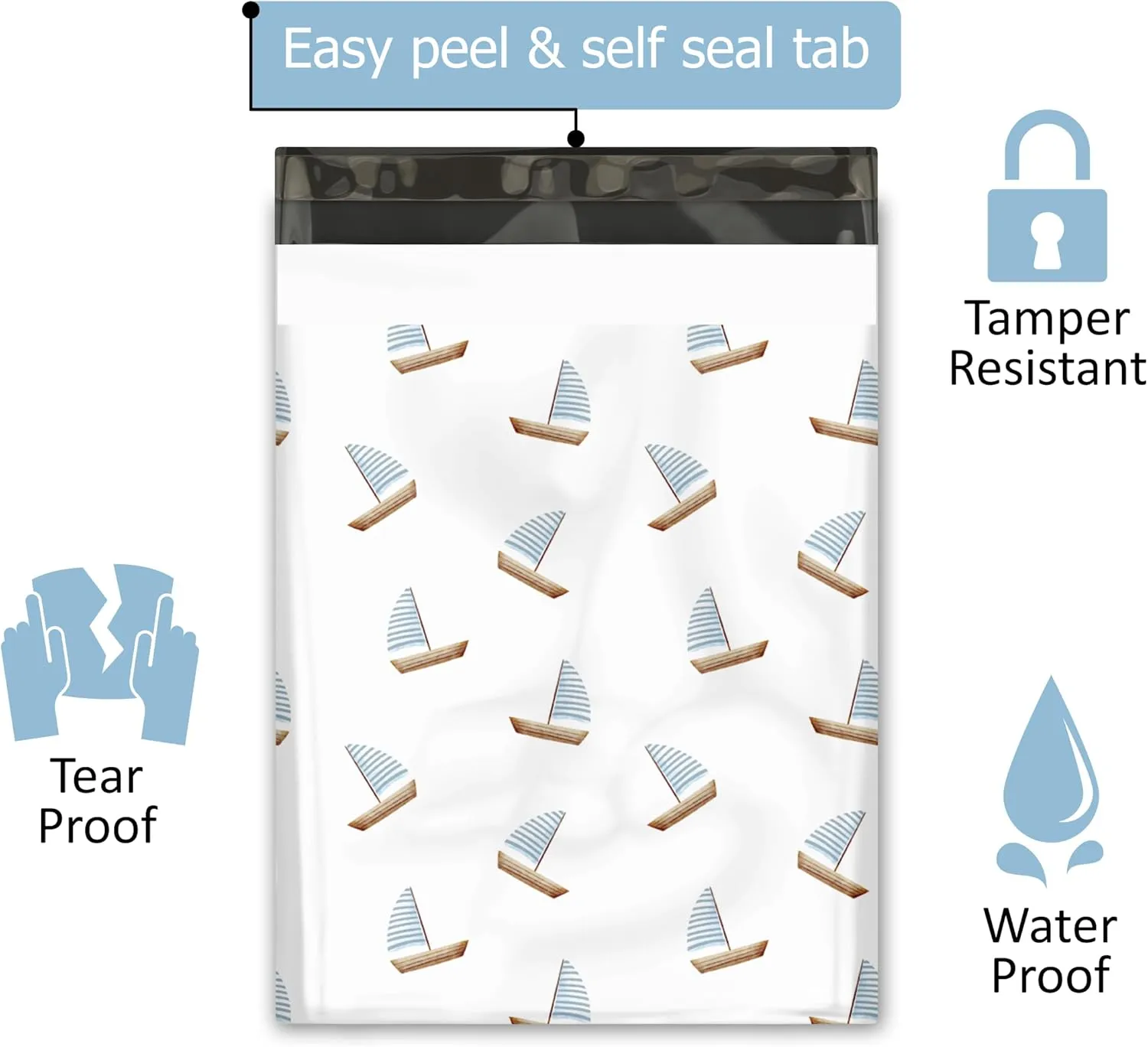 10x13 (100) Sailboats Summer Nautical Designer Poly Mailers Waterproof Self Sealing Tear Resistant Polymailers Shipping Envelopes Premium Printed Bags For Small Businesses