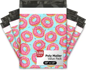 10x13 (100) Sprinkled Donuts Designer Poly Mailers Waterproof Self Sealing Tear Resistant Polymailers Shipping Envelopes Premium Printed Bags For Small Businesses
