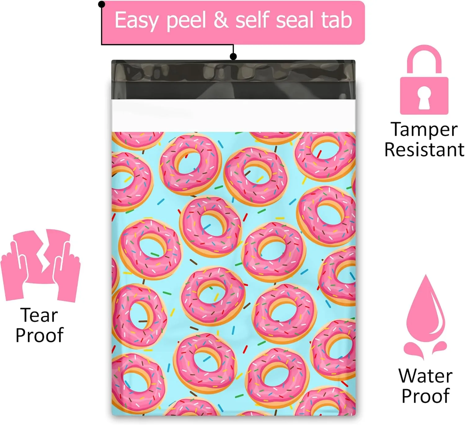 10x13 (100) Sprinkled Donuts Designer Poly Mailers Waterproof Self Sealing Tear Resistant Polymailers Shipping Envelopes Premium Printed Bags For Small Businesses