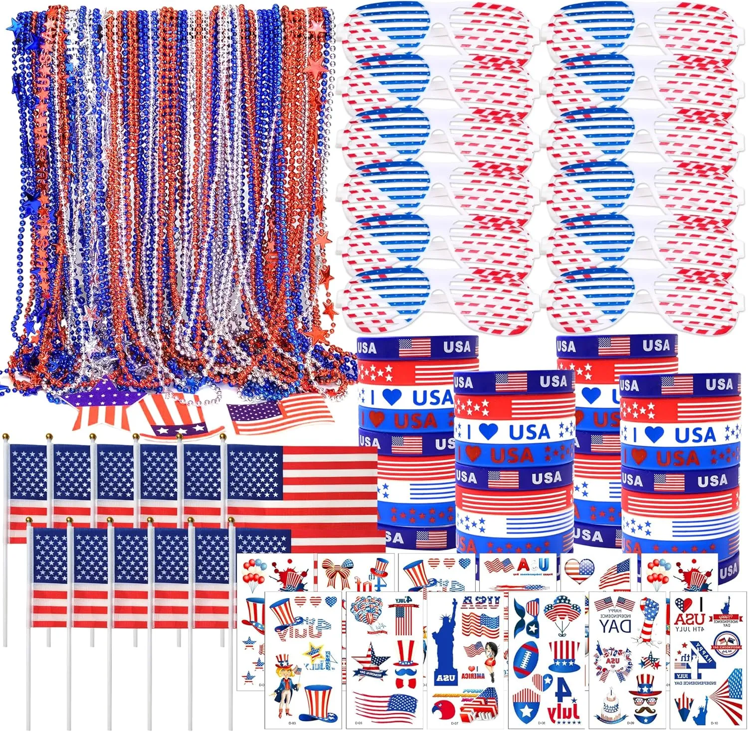 117Pcs 4th of July Accessories Bulk, Patriotic Party Favors Set for Independence Day Decorations include Necklaces Bracelet Glasses Tattoo Stickers USA Flag Memorial Day Parades