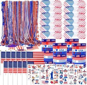 117Pcs 4th of July Accessories Bulk, Patriotic Party Favors Set for Independence Day Decorations include Necklaces Bracelet Glasses Tattoo Stickers USA Flag Memorial Day Parades