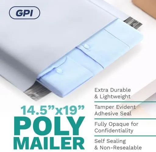 14.5" X 19" Extra Large Poly Mailers, 100 Count White Polymailer Shipping Envelopes for Clothes 2 Mil Unpadded Waterproof Opaque Self-Seal Poly Bags with Tear/Puncture Proof Adhesive Strip