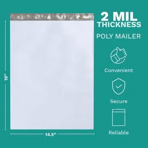 14.5" X 19" Extra Large Poly Mailers, 100 Count White Polymailer Shipping Envelopes for Clothes 2 Mil Unpadded Waterproof Opaque Self-Seal Poly Bags with Tear/Puncture Proof Adhesive Strip