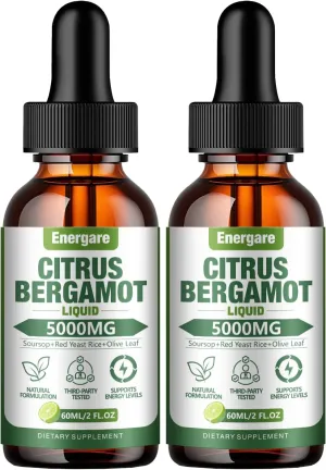 2 Packs Citrus Bergamot Liquid Drops, Bergamot Supplement For High Cholesterol - Soursop, Red Yeast Rice, Olive Leaf - All - Natural, Heart Immune Support & Antioxidant, Soursop Bitters Liquid，4 Fl Oz