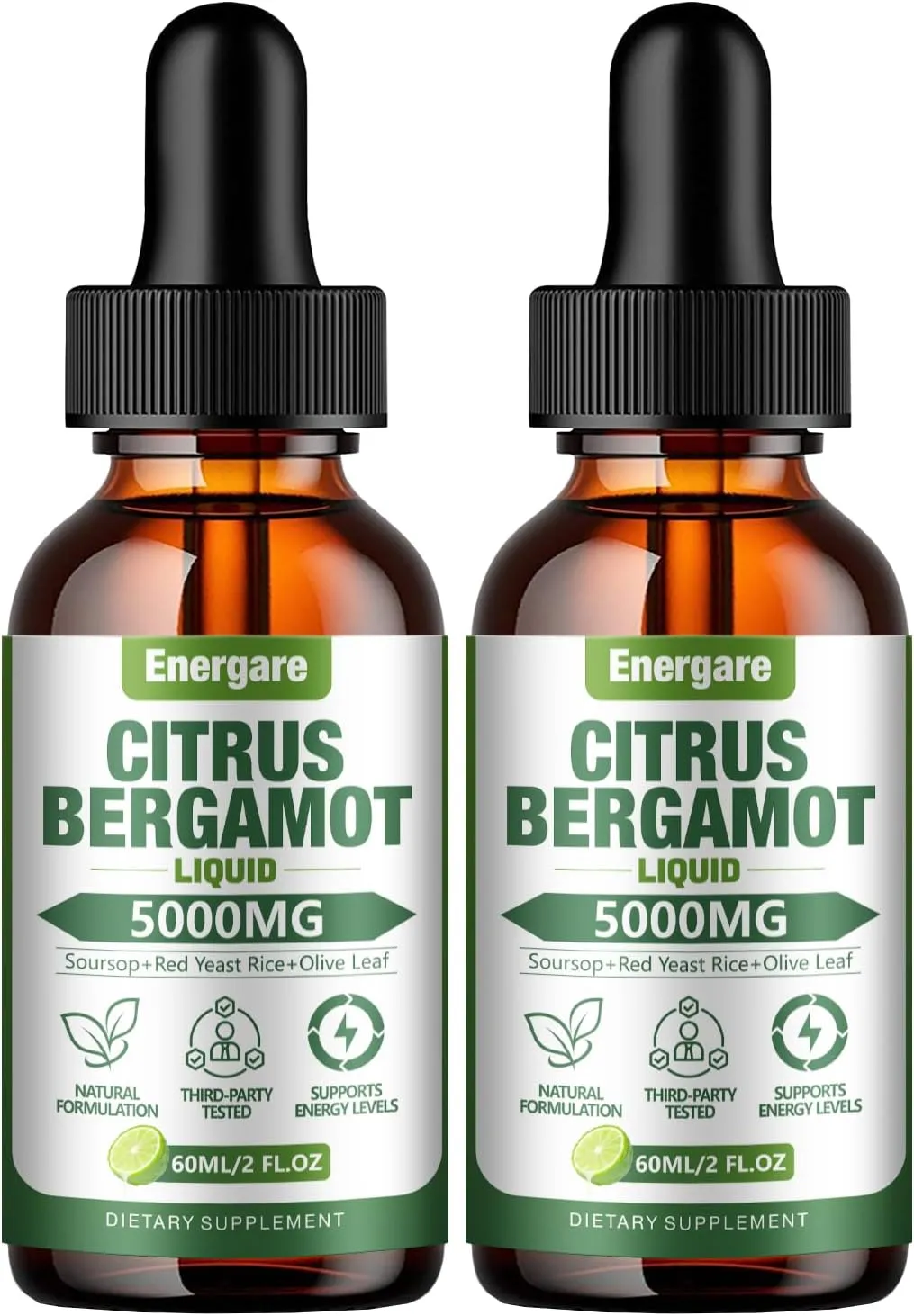 2 Packs Citrus Bergamot Liquid Drops, Bergamot Supplement For High Cholesterol - Soursop, Red Yeast Rice, Olive Leaf - All - Natural, Heart Immune Support & Antioxidant, Soursop Bitters Liquid，4 Fl Oz