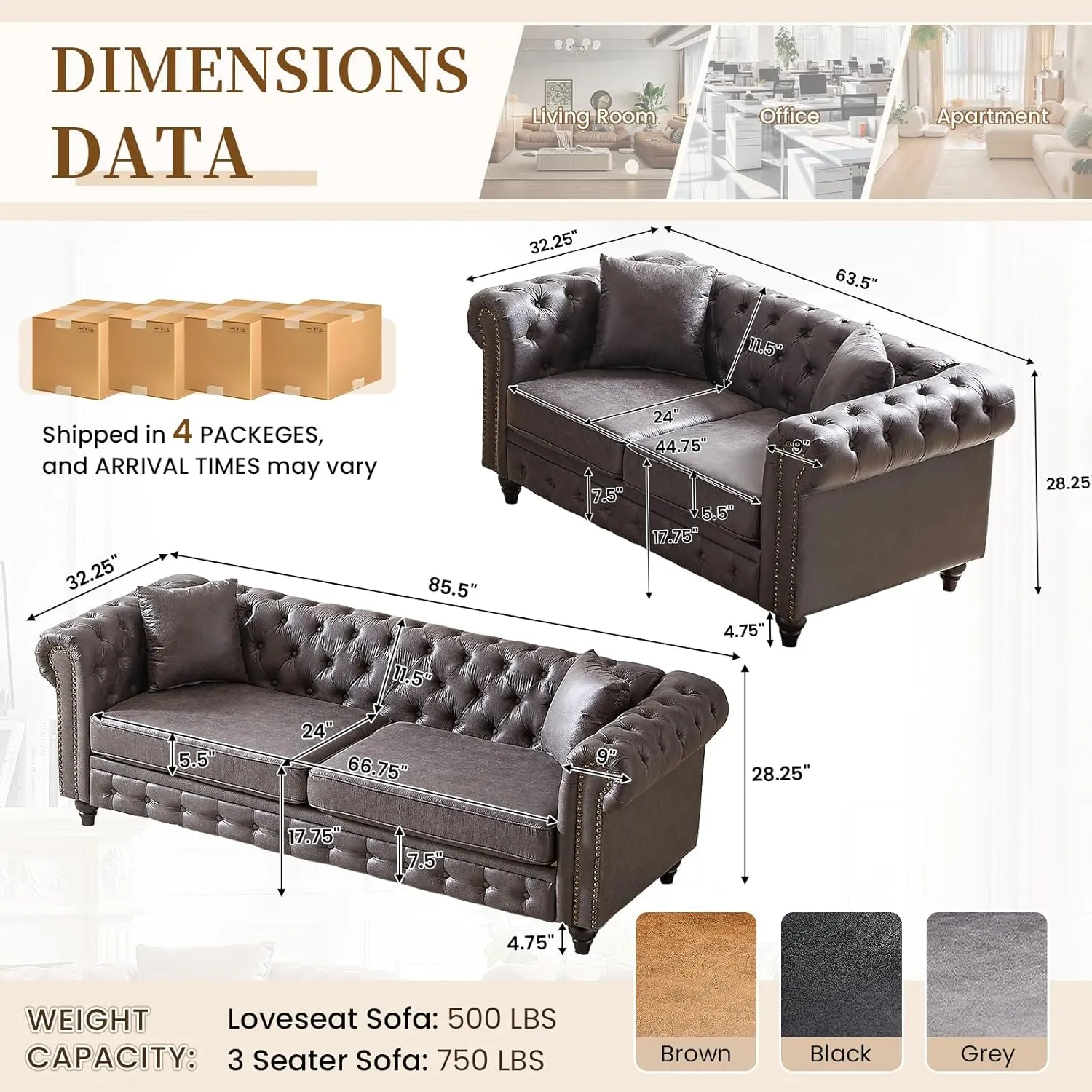 2 Piece Living Room Sofa Set,Button Tufted Couch and Loveseat Set with Nailhead Trim&Roll Armrest,Upholstered Mid Century Modern Couch,Chesterfield Sofa for Living Room,Office(Loveseat 3 Seater,Grey)