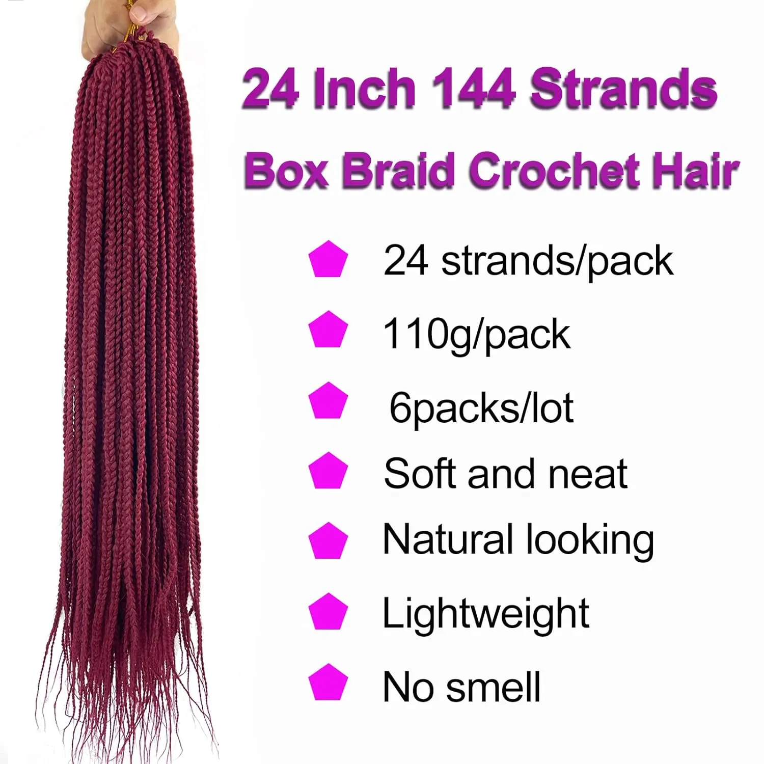 24 Inch Box Braid Crochet Hair 144 Strands Crochet Box Braids Pre Looped Box Braids Crochet Braids Burgundy Box Braids Crochet Hair for Black Women Girl