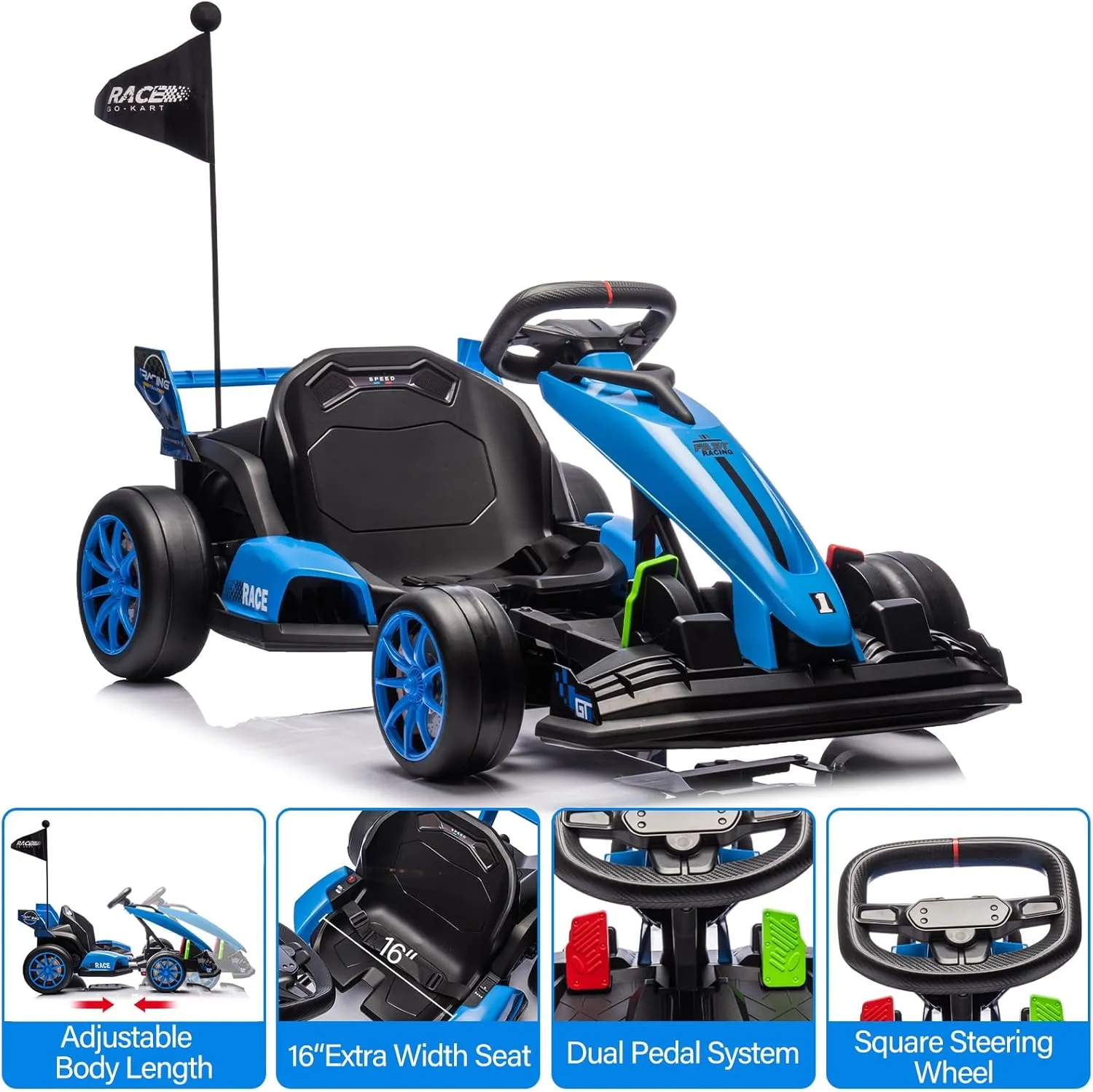 24V Go Kart for Kids 6  Years, 200W*2 Drifting Motors, 7.5 Mph High Speed Drifting Kart Car Riding Vehicle, Extendable Car Length,Max Load 135lbs Outdoor Ride On Racing Toy for Teens Children,Blue