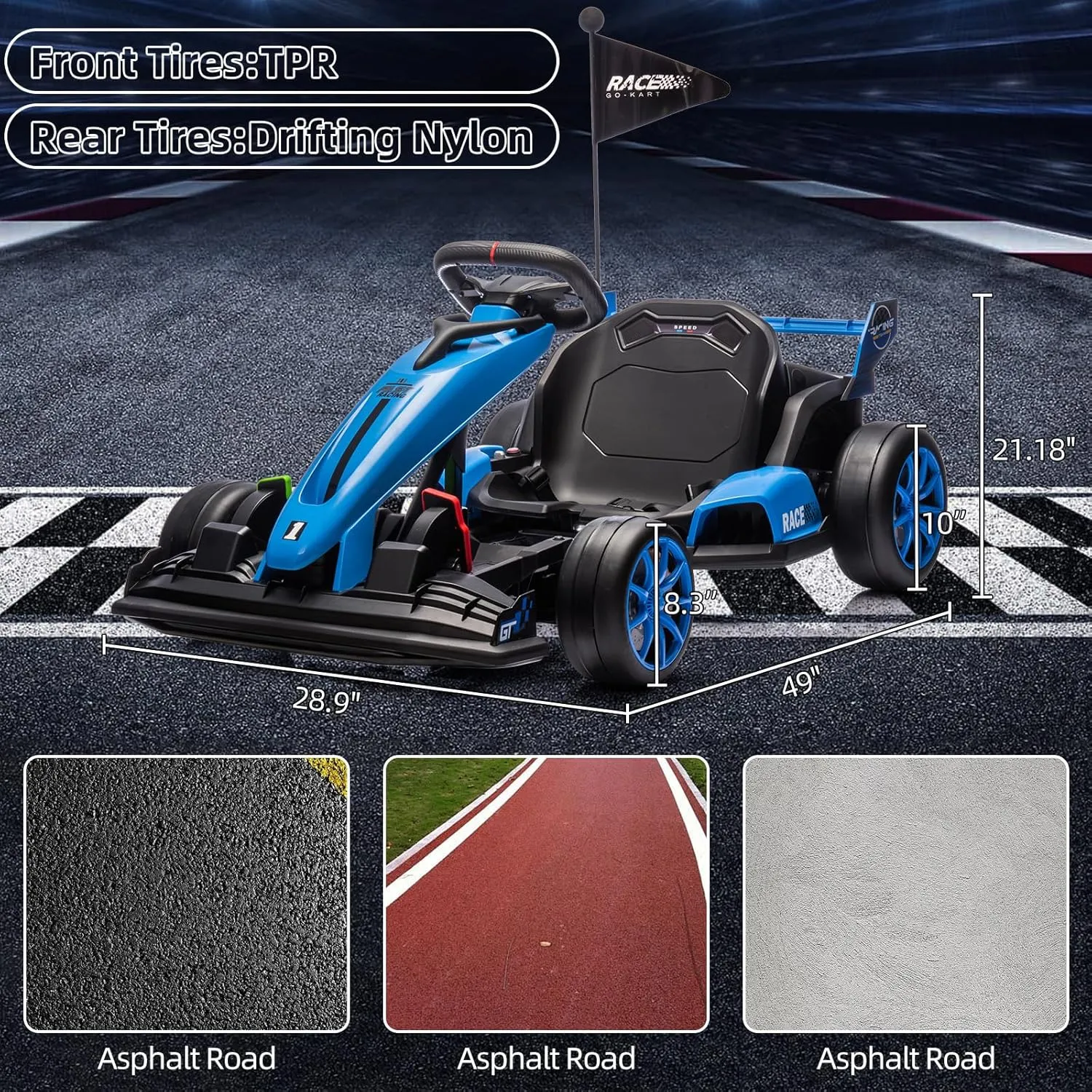 24V Go Kart for Kids 6  Years, 200W*2 Drifting Motors, 7.5 Mph High Speed Drifting Kart Car Riding Vehicle, Extendable Car Length,Max Load 135lbs Outdoor Ride On Racing Toy for Teens Children,Blue