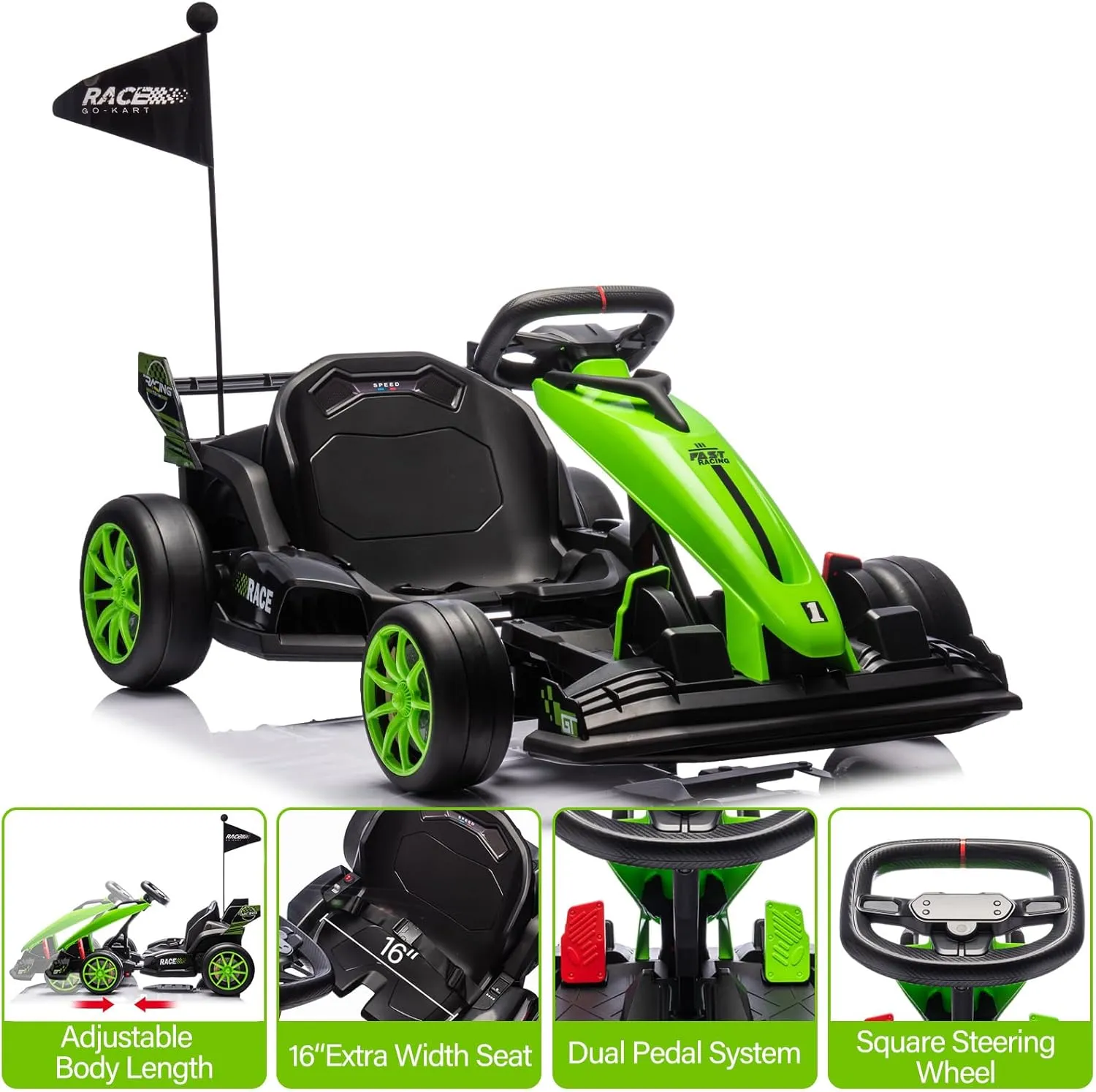 24V Go Kart for Kids 6  Years, 200W*2 Drifting Motors, 7.5 Mph High Speed Drifting Kart Car Riding Vehicle, Extendable Car Length,Max Load 135lbs Outdoor Ride On Racing Toy for Teens Children,Green