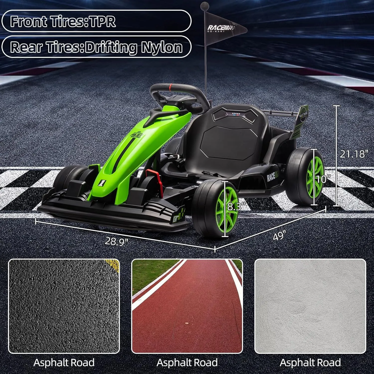 24V Go Kart for Kids 6  Years, 200W*2 Drifting Motors, 7.5 Mph High Speed Drifting Kart Car Riding Vehicle, Extendable Car Length,Max Load 135lbs Outdoor Ride On Racing Toy for Teens Children,Green