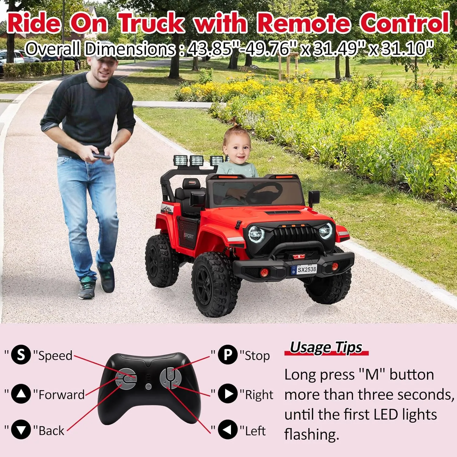 24V Powered Truck 2 Seater Kids Ride On Car,Parent Remote Control,4WD 800W Motor,3 Adjustable Speeds for Ages 3 ,Built-in Music Player,Kids Electric Ride On Toys with Easy Assembly, Red
