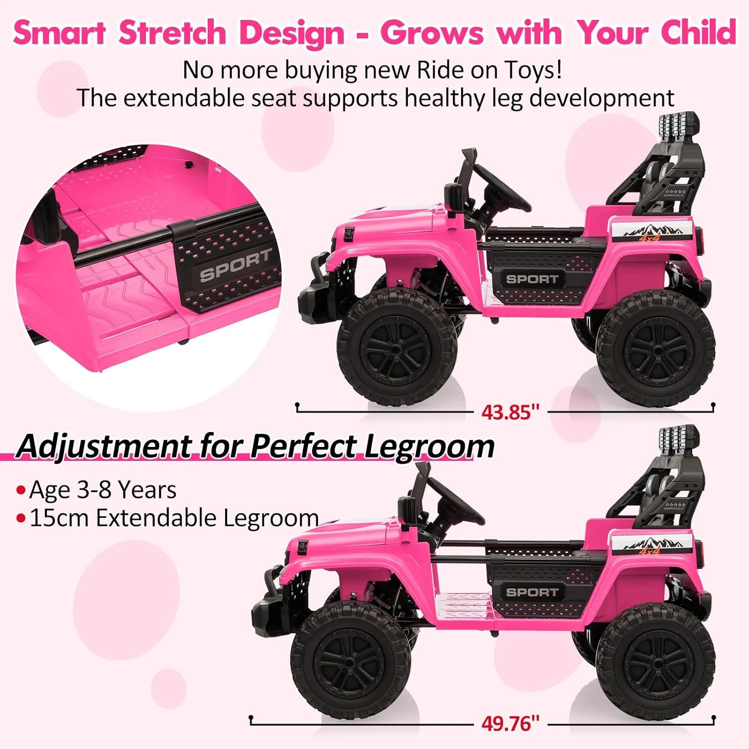 24V Ride On Toys for Big Kids, 4WD 2 Seater Ride On Cars with Remote Control, Adjustable Footwell Electric Vehicle, 3 Speeds, Led Lights, Bluetooth, Pink