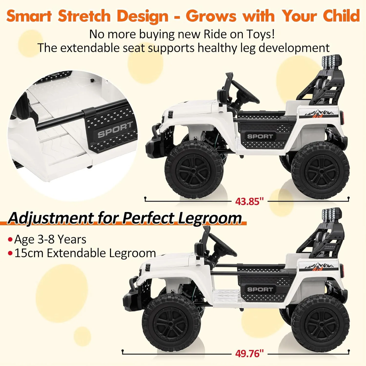 24V Ride On Toys for Big Kids, 4WD 2 Seater Ride On Cars with Remote Control, Adjustable Footwell Electric Vehicle, 3 Speeds, Led Lights, Bluetooth, White