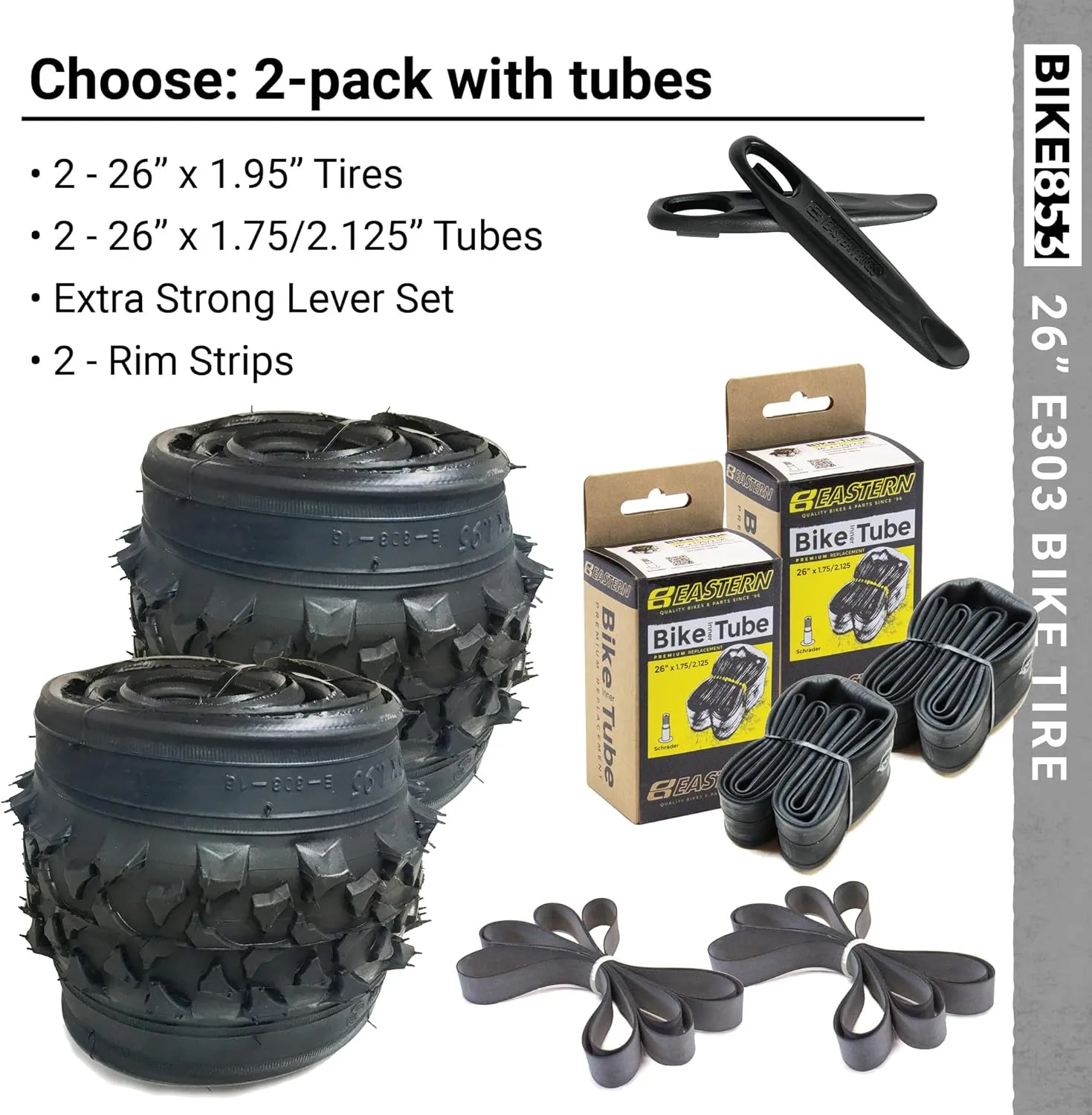 26 Inch Bike Tire Replacement Kit for Mountain Bike Tires 26 X 1.95 Includes Tools. with or Without Tubes Choose 1 or 2 Packs.