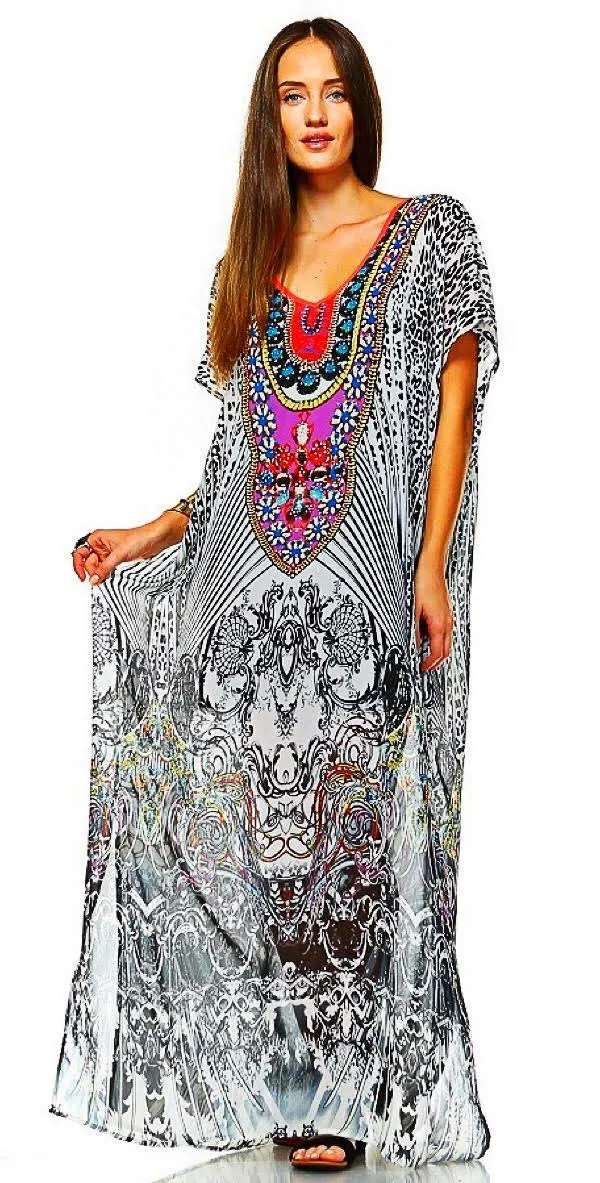 2Chique Boutique Women's White and Multi Color Embellished Kaftan Maxi Dress (XS/S)