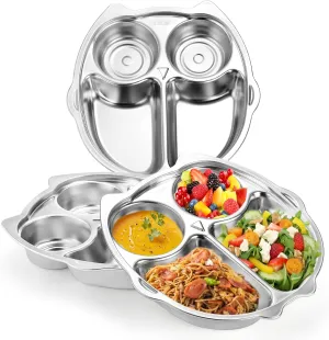 3 Pack Stainless Steel Divided Plates, 4 Sections 304 Dinner Platter, Diet Portion Control Tray, 9 Inch Owl Shape Meal Plate for Adult Children Picky Eaters, Camping Dish Lunch Snack