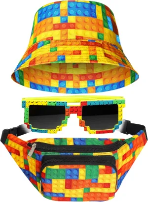 3 Pcs Fanny Pack Bucket Hat and Pixel Sunglasses Mosaic Bag Holiday Christmas Party Gifts for Boys Gamers(Multicolor)