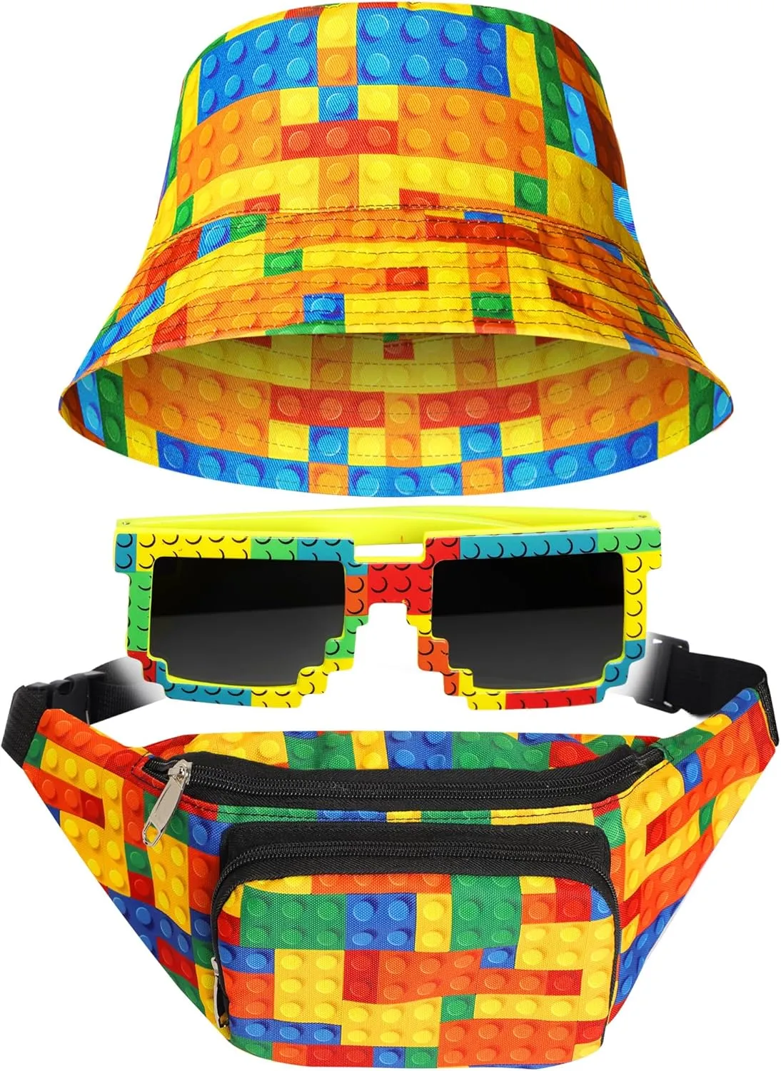 3 Pcs Fanny Pack Bucket Hat and Pixel Sunglasses Mosaic Bag Holiday Christmas Party Gifts for Boys Gamers(Multicolor)