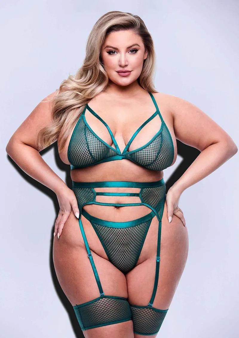 3 Piece Strappy Bra, Garter and Panty Set