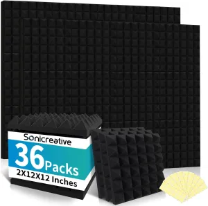 36 Packs Acoustic Foam Panels Pyramid 2"×12"×12" High Density Sound Proof Foam Panels for Walls, Noise Cancelling with 180 Pcs Double Side Self Adhesive