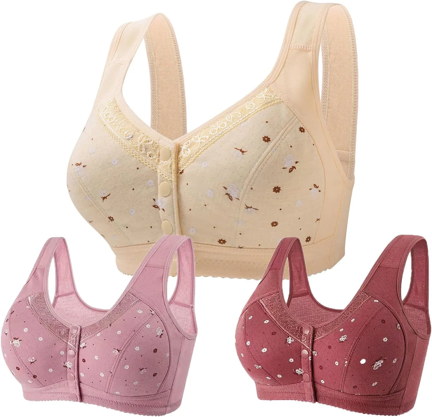 3PC Front Closure Bra for Womens Wireless Push Up Bra Yoga Sports Bralette High Support Bra (Available in Plus Size)