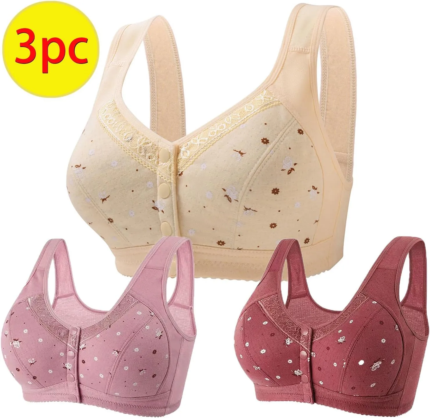 3PC Front Closure Bra for Womens Wireless Push Up Bra Yoga Sports Bralette High Support Bra (Available in Plus Size)