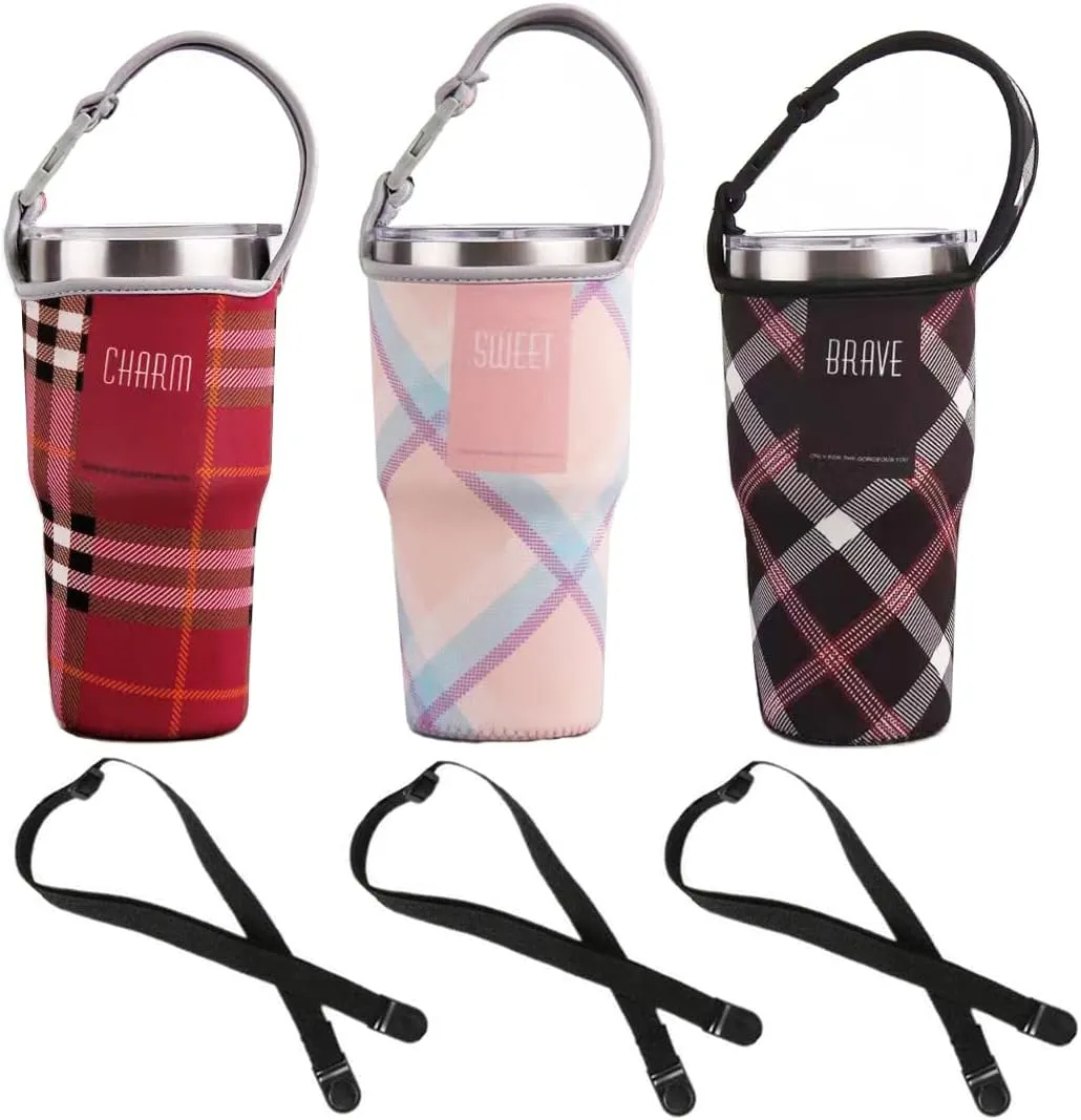 3PCS Tumbler 30oz Carrier Holder Pouch & Shoulder Strap for YETI, Rtic, Atlin, Ozark Trail, Rambler, Neoprene Sleeve with Carrying Handle-(Plaid Red,Pink,Black)