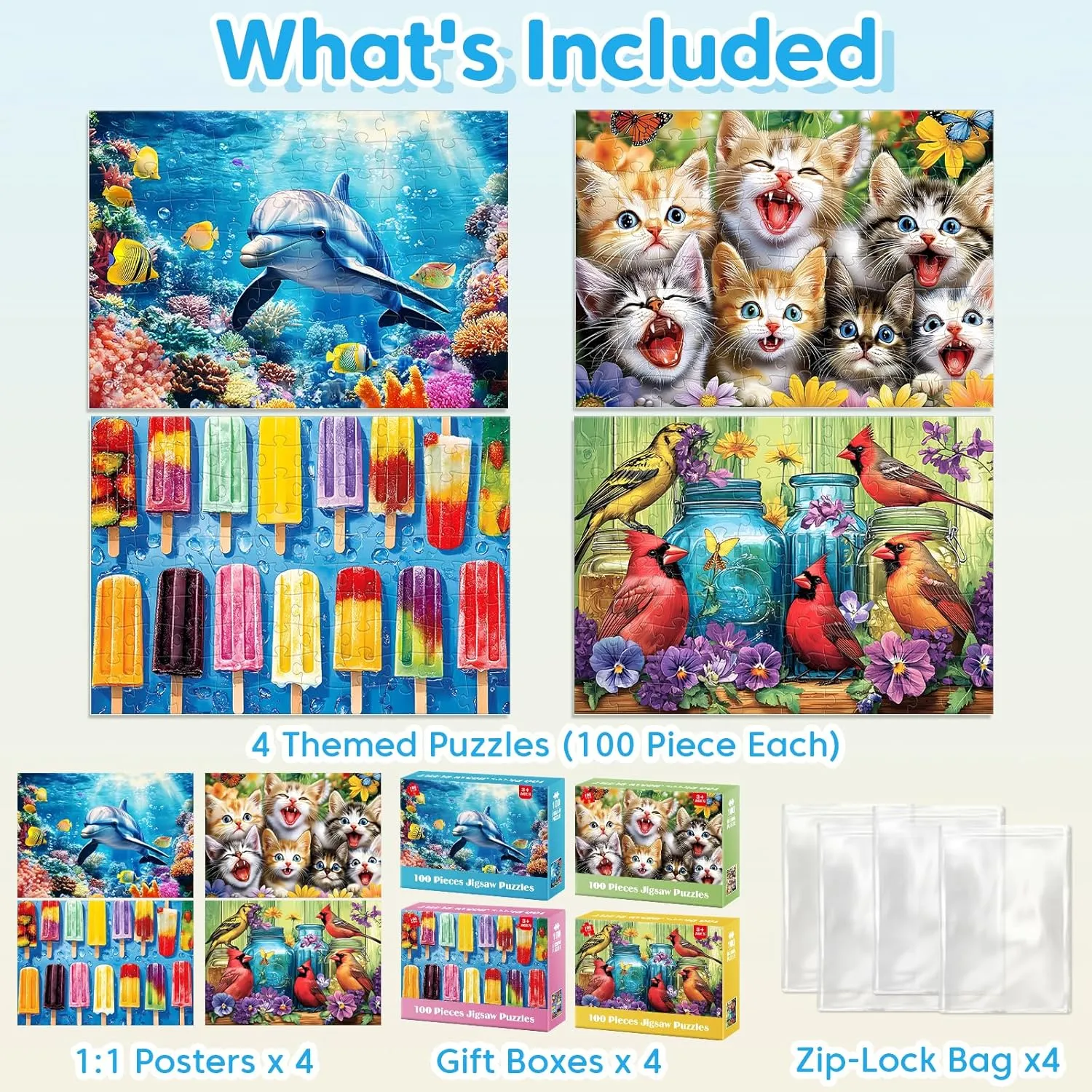 4-Pack 100 Piece Puzzles for Kids Ages 4-6 6-8 Popsicles Birds Dolphin Cat Large Puzzles for Kids 8-10 Years Old 100 Piece Jigsaw Puzzles for Seniors Adults Toddler Children Learning Educational Toys