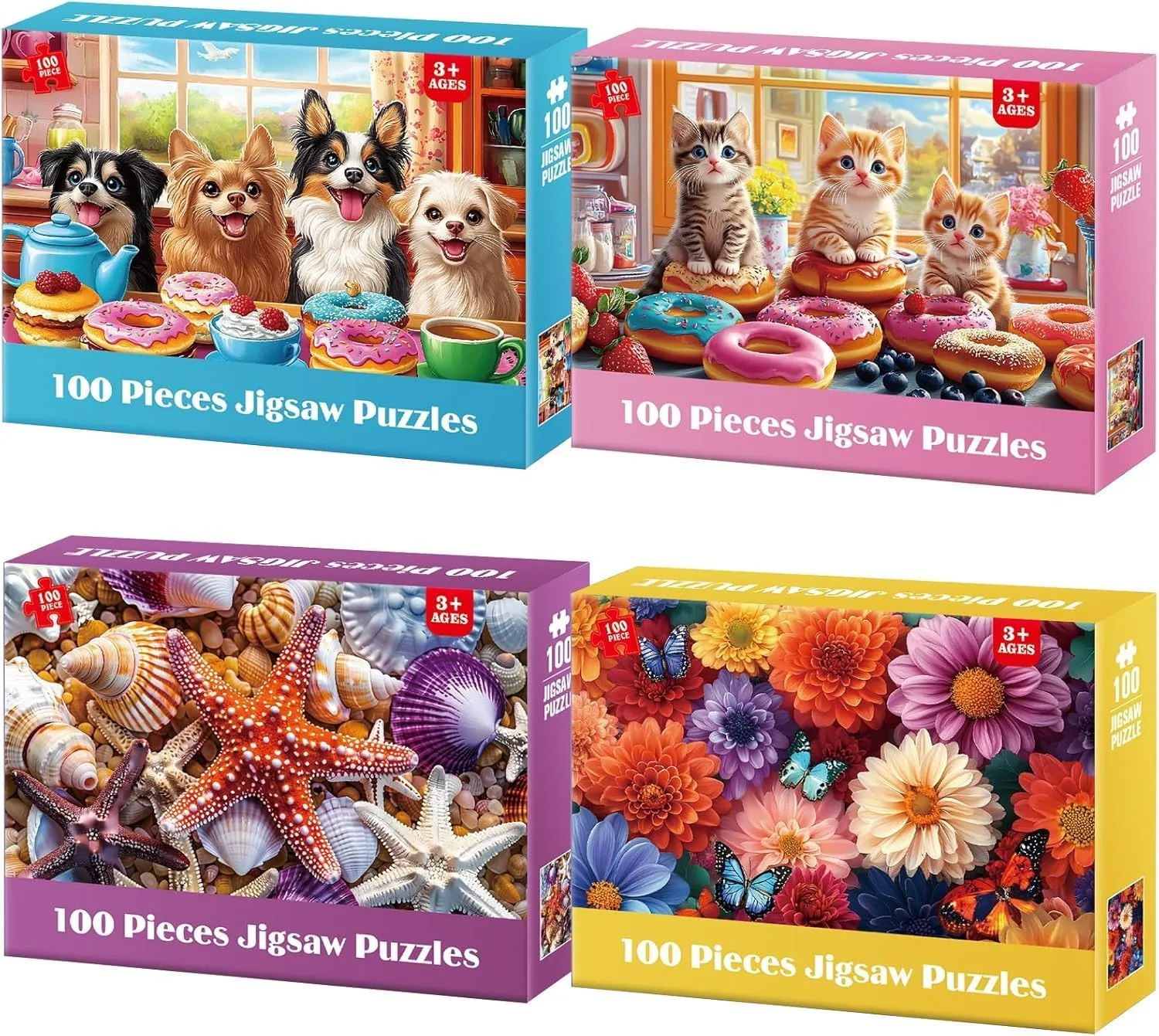 4-Pack Puzzles for Kids Ages 6-8 8-10 Year Old - Cats Dogs Starfish Flower, Large Piece Puzzle for Seniors Adults, 100 Pieces Puzzles for Kids Ages 4-6, Learning Educational Toys for Boys and Girls