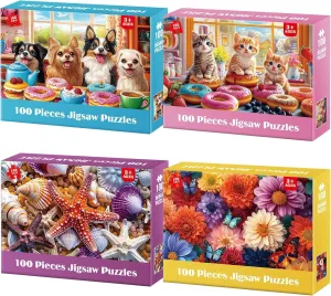 4-Pack Puzzles for Kids Ages 6-8 8-10 Year Old - Cats Dogs Starfish Flower, Large Piece Puzzle for Seniors Adults, 100 Pieces Puzzles for Kids Ages 4-6, Learning Educational Toys for Boys and Girls