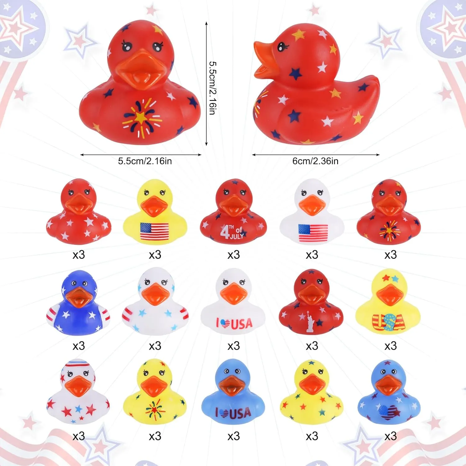 45 Pcs Independent Day Rubber Ducks 2.16" Patriotic Rubber Ducks Assortment Duckies Bath Toys for Jeep Ducking Floater Duck Bath Toys 4th of July Party Favors