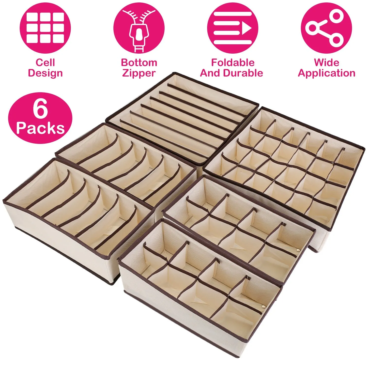 6-Pieces Set: Foldable Underwear Organizer Divider Container