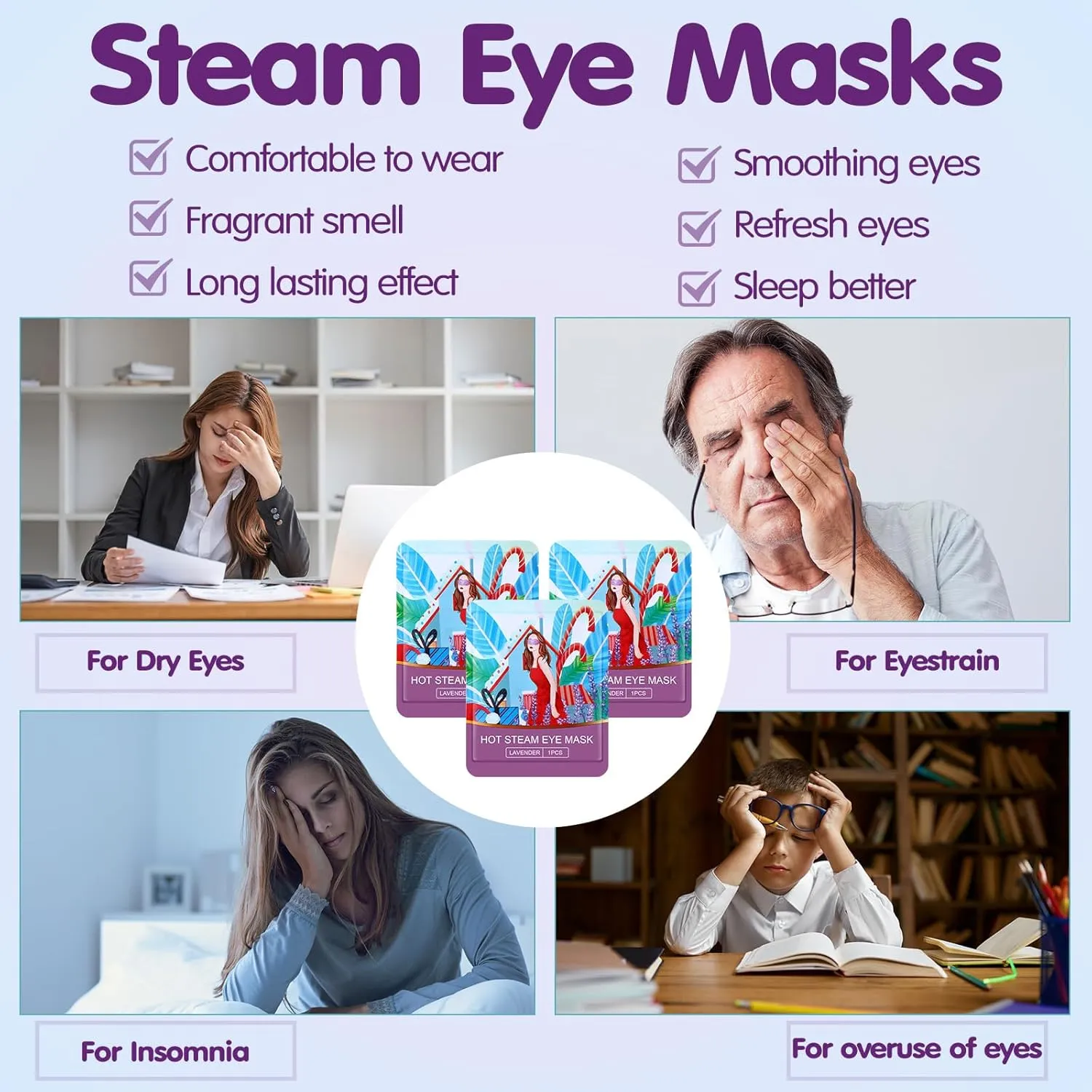 60 Pcs Disposable Steam Eye Mask Bulk for Dry Eyes Self Heating Eye Mask for Spa Sleep Warm Compress Stress Dark Circle Relief Puffiness and Relaxation Gifts (Multi Scent)