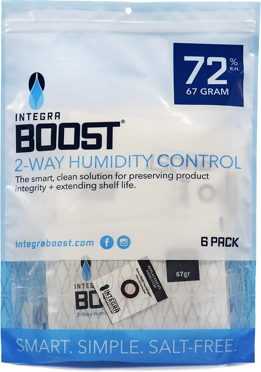 72% RH Level - 67 Gram Size - Two-Way Humidity Control Pack - Incl. Replacement Indicator Cards - Food Storage & Herbs Moisture Balancer for Up to 1 LB (Pack of 6)