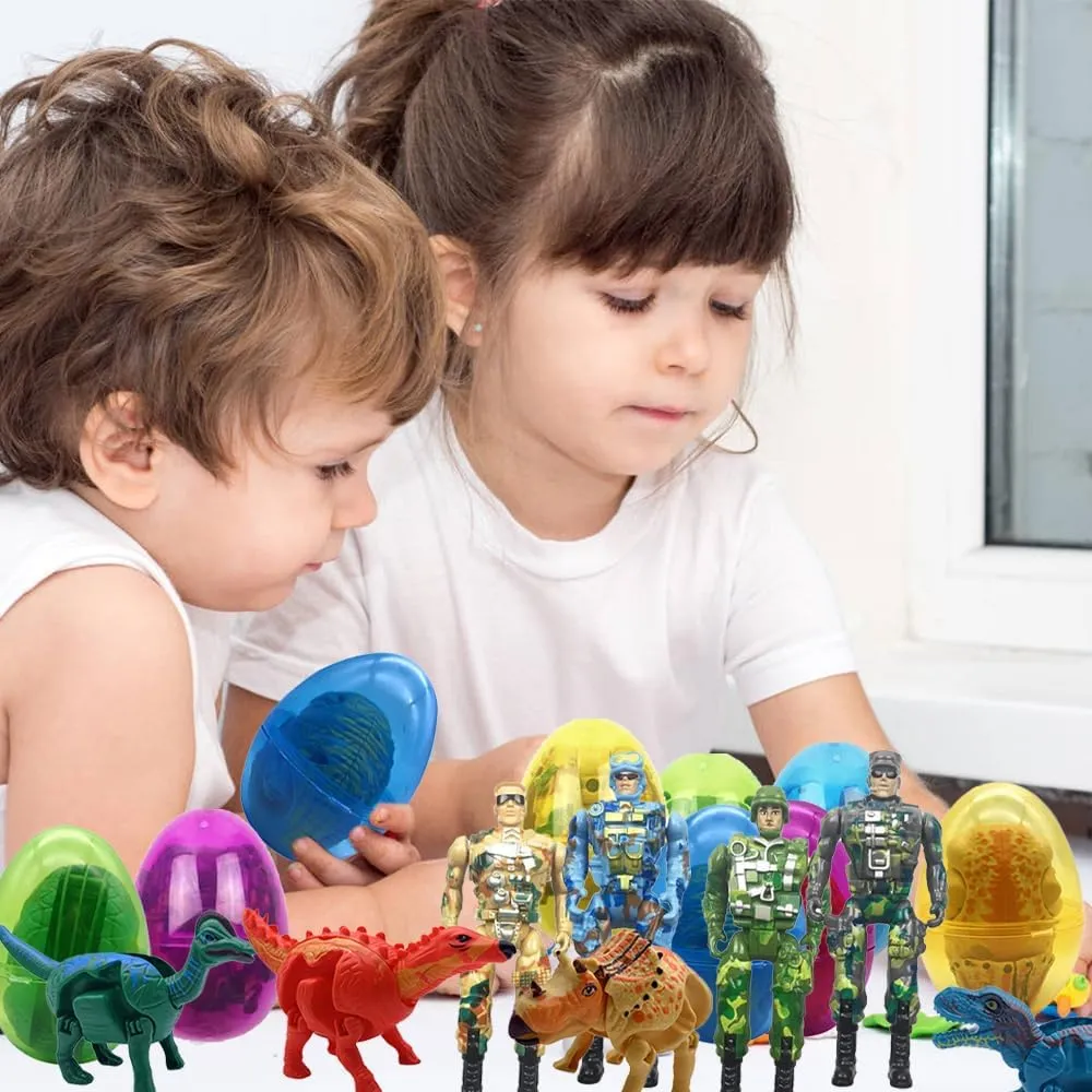 8 Pack Easter Jumbo Princess Deformation Prefilled Easter Eggs with Toys,Party Favors Gift for for Girls Toddlers Kids, Easter Basket Stuffers Fillers, Classroom Prize Supplies (Soldier Dinosaur)