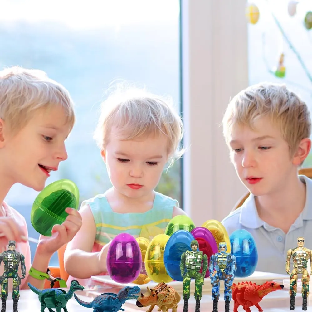 8 Pack Easter Jumbo Princess Deformation Prefilled Easter Eggs with Toys,Party Favors Gift for for Girls Toddlers Kids, Easter Basket Stuffers Fillers, Classroom Prize Supplies (Soldier Dinosaur)