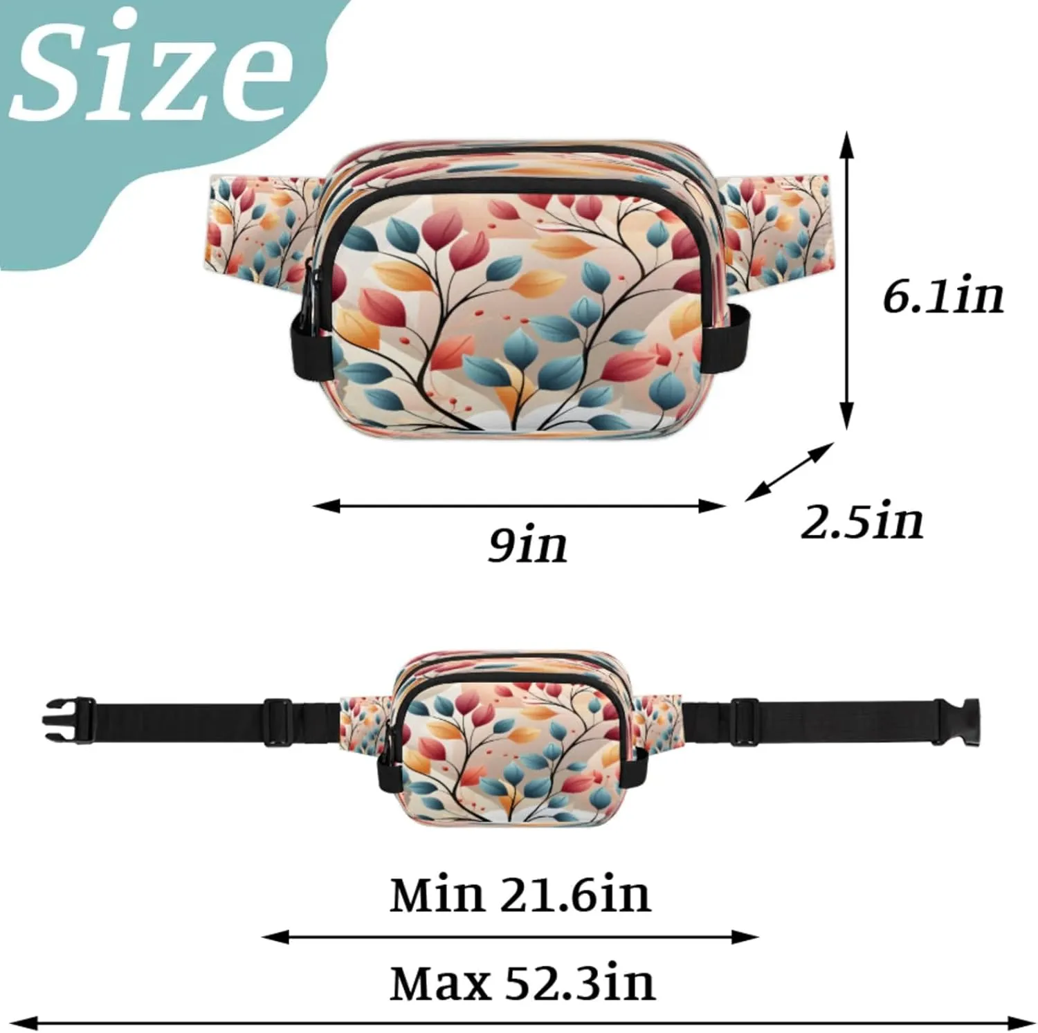 Abstract Leaf Art Waterproof Unisex Square Fanny Pack, Adjustable Waist Bag with Pockets, Sturdy Lightweight Crossbody Bag for Travel, Running, Hiking (9x6.1x2.5 Inches)