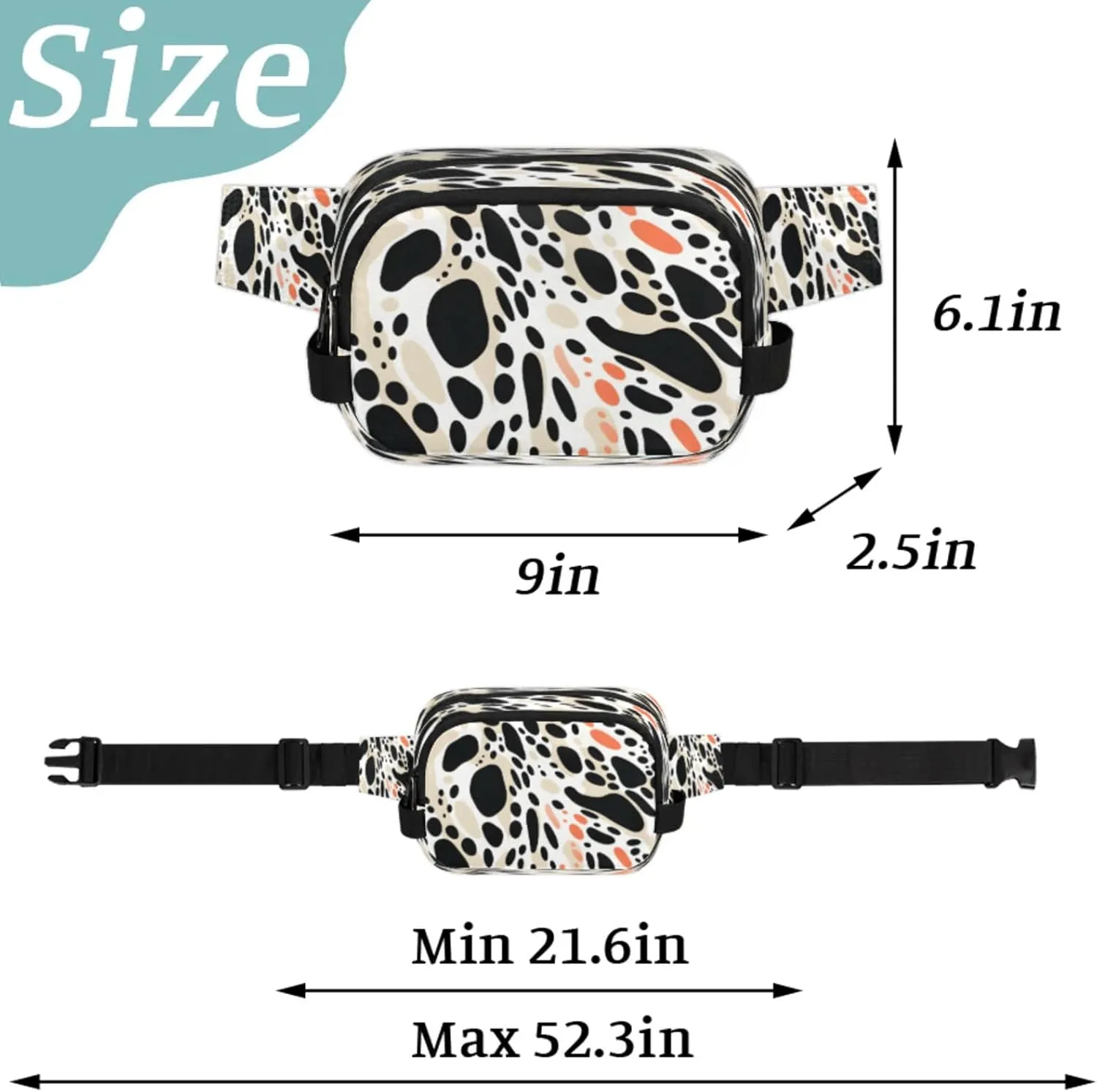 Abstract Polka Dots Waterproof Unisex Square Fanny Pack, Adjustable Waist Bag with Pockets, Sturdy Lightweight Crossbody Bag for Travel, Running, Hiking (9x6.1x2.5 Inches)
