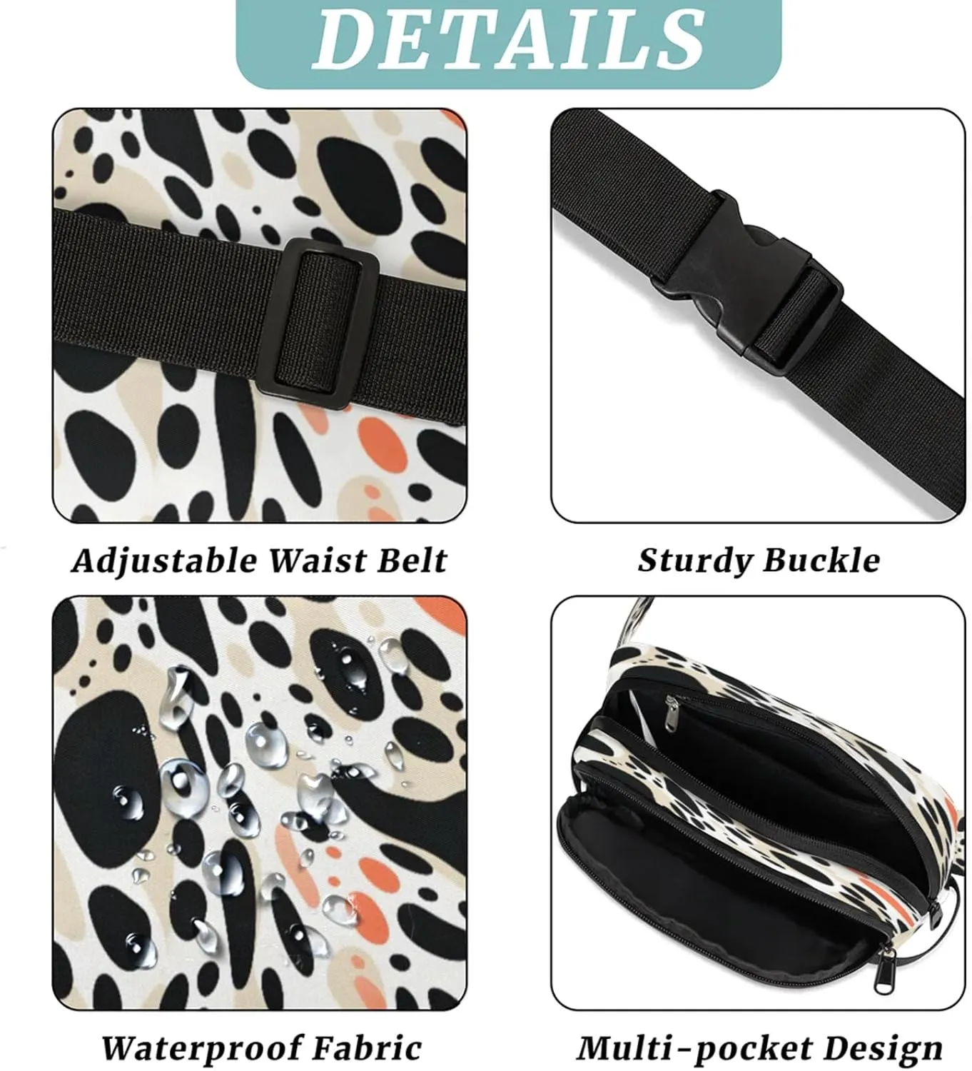 Abstract Polka Dots Waterproof Unisex Square Fanny Pack, Adjustable Waist Bag with Pockets, Sturdy Lightweight Crossbody Bag for Travel, Running, Hiking (9x6.1x2.5 Inches)