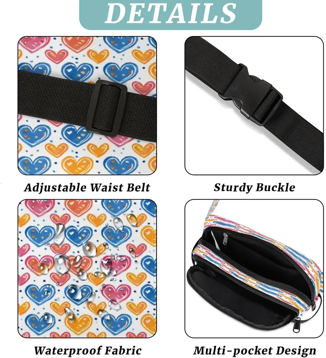 Abstraction Heart Retro Prints Fanny Packs for Women Men Waterproof Waist Bag with Adjustable Strap Belt Bag for Travel Running Hiking
