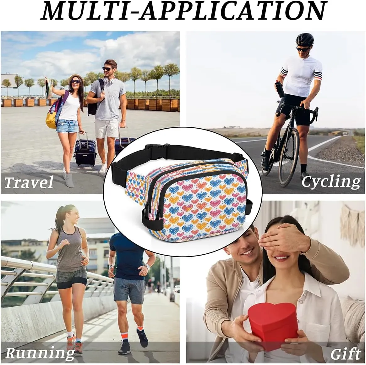 Abstraction Heart Retro Prints Fanny Packs for Women Men Waterproof Waist Bag with Adjustable Strap Belt Bag for Travel Running Hiking